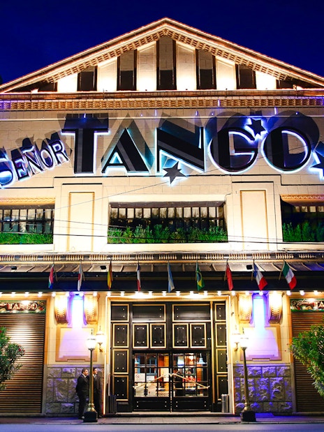 Señor Tango Show entrance illuminated at night, Buenos Aires.