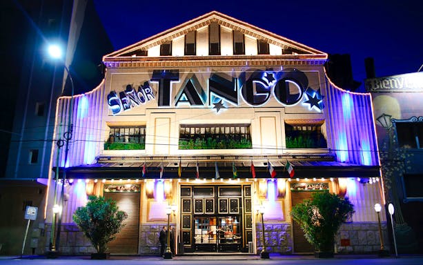 Señor Tango Show entrance illuminated at night, Buenos Aires.