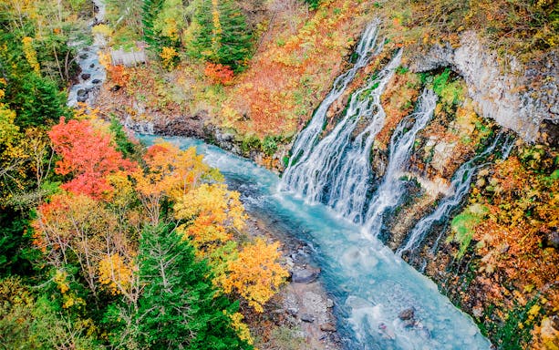 Shirahige Falls cascading into a turquoise river surrounded by autumn foliage in Hokkaido, Japan.