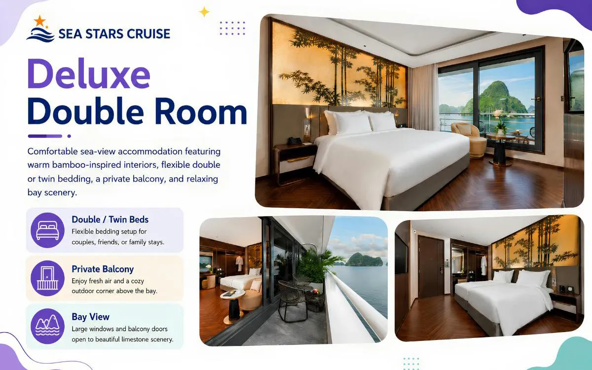 Deluxe double room with sea view, private balcony, and bamboo decor on Ha Long Bay luxury cruise.