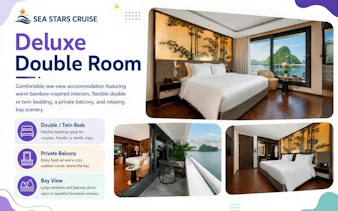 Deluxe double room with sea view, private balcony, and bamboo decor on Ha Long Bay luxury cruise.