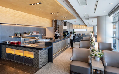 Plaza Premium Lounge seating and bar area at Chubu Centrair International Airport, Nagoya.