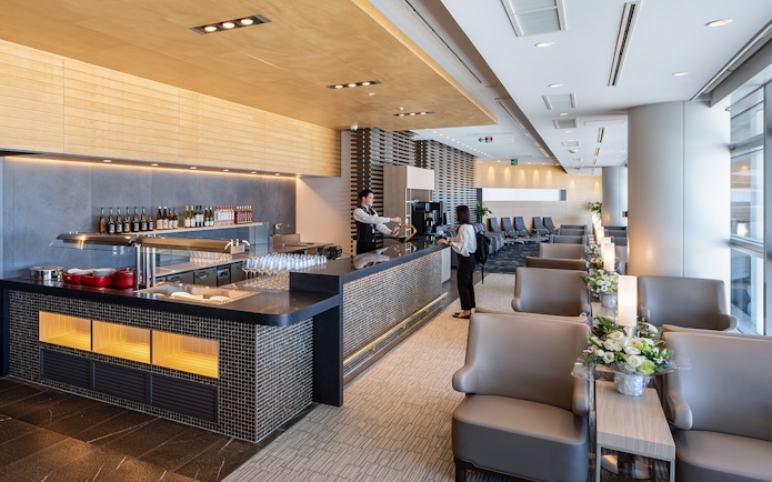 Plaza Premium Lounge seating and bar area at Chubu Centrair International Airport, Nagoya.