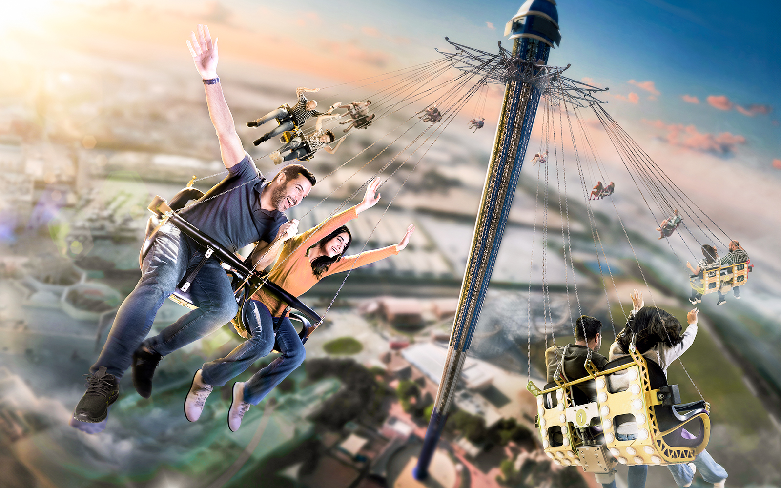 Visitors on Stars Flyer ride at Real Madrid World, Dubai.