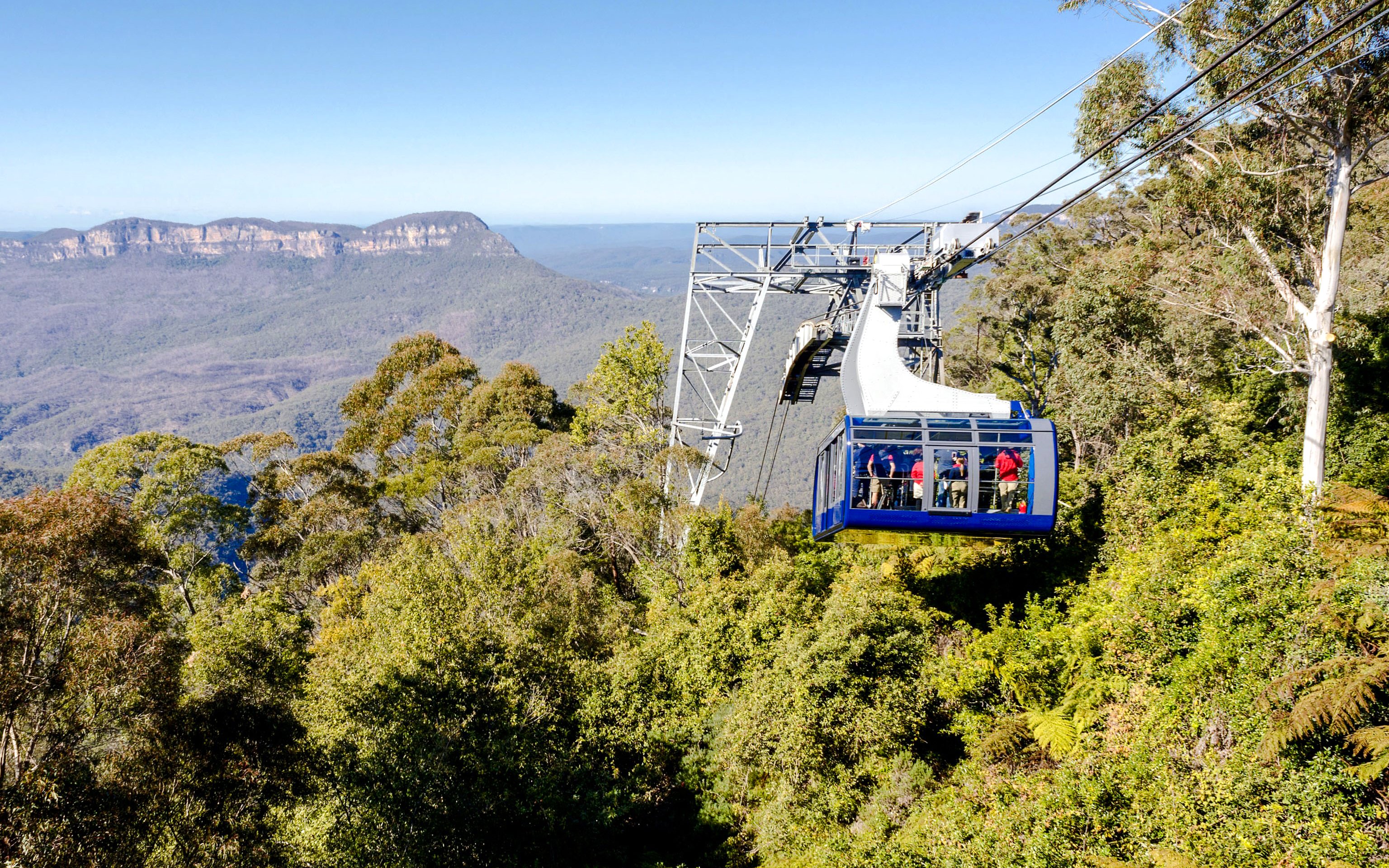 Cable car over Blue Mountains forest with distant cliffs, part of Zig Zag Train and Scenic World tour.