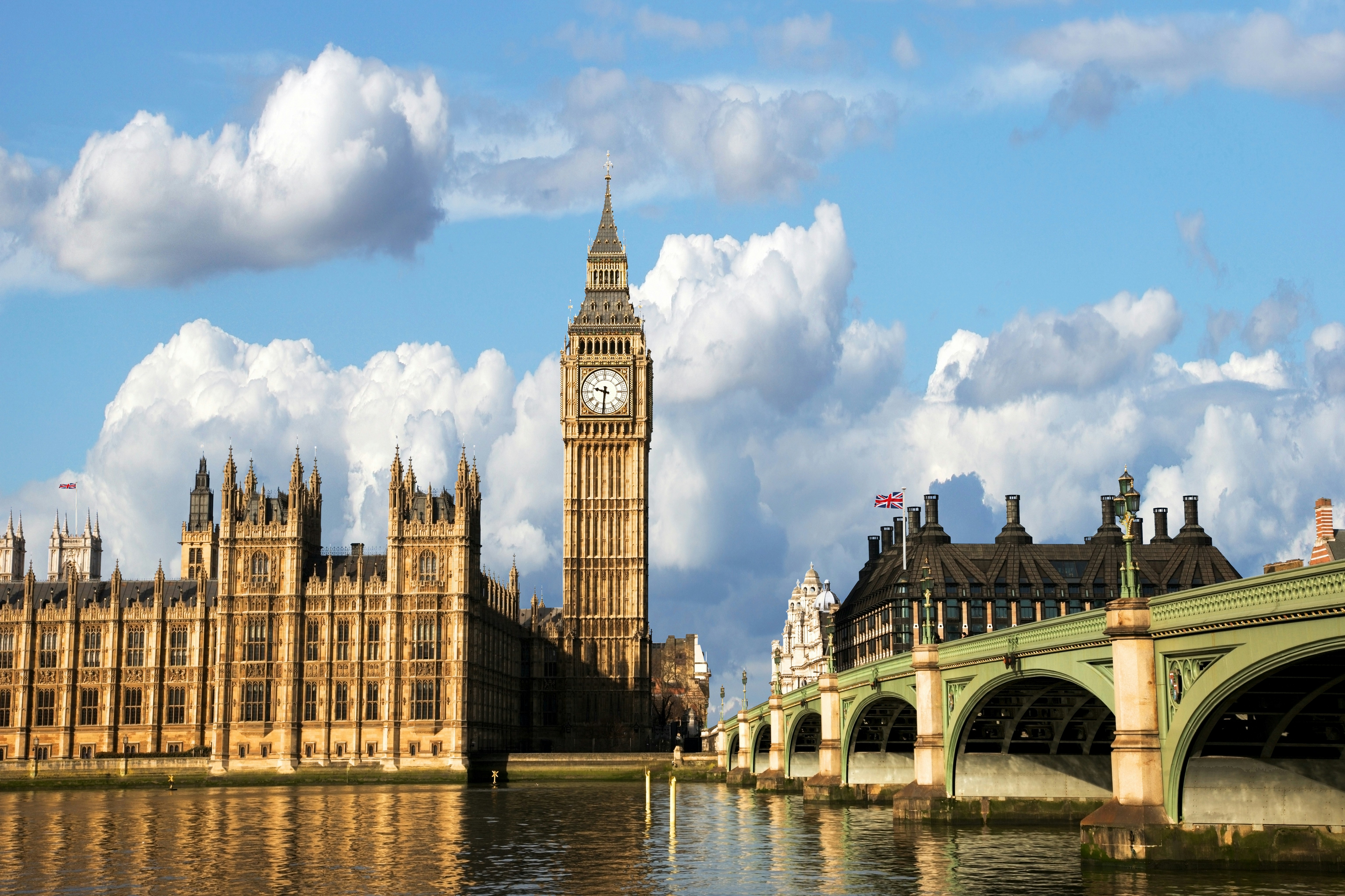 Big Ben and Palace of Westminster viewed from South Bank, London.