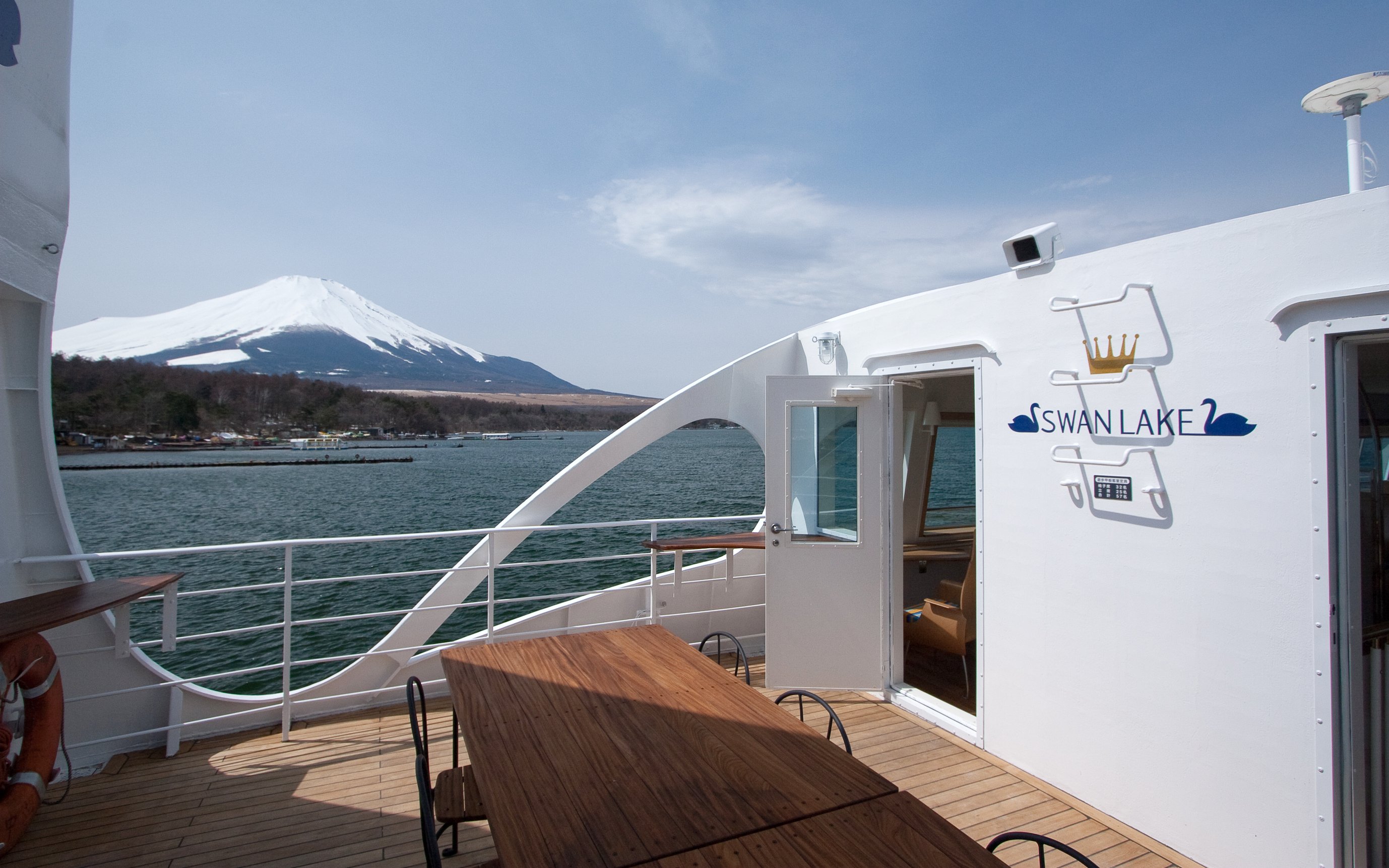 Cruise deck view of Lake Yamanaka with Mount Fuji in the background.