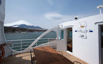 Cruise deck view of Lake Yamanaka with Mount Fuji in the background.