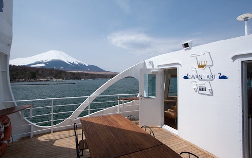 Cruise deck view of Lake Yamanaka with Mount Fuji in the background.