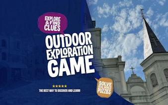 Outdoor exploration game promotion with New Orleans church spire against blue sky.