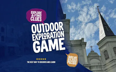 Outdoor exploration game promotion with New Orleans church spire against blue sky.