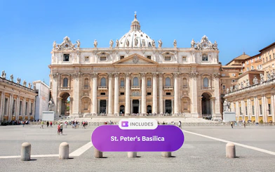 St. Peter's Basilica facade in Vatican City, part of Roma Pass attractions.