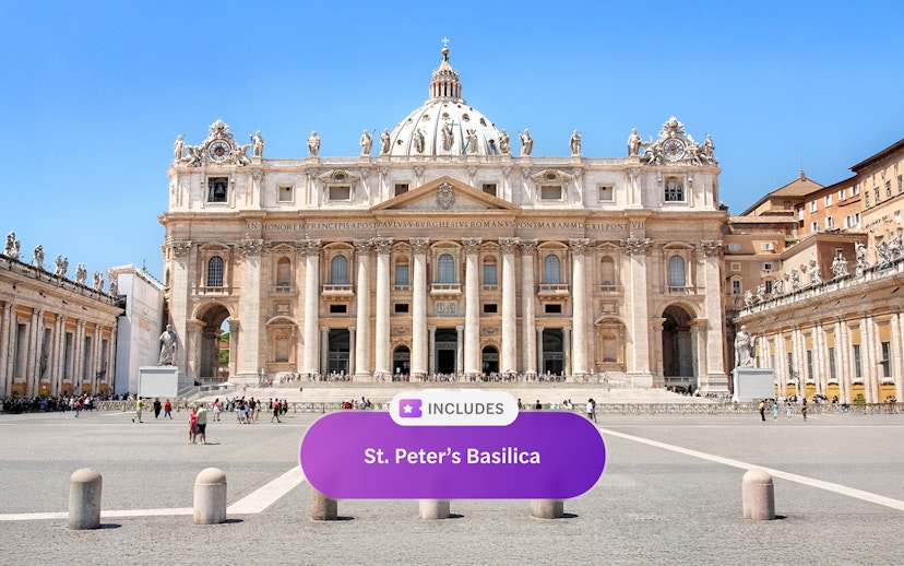 St. Peter's Basilica facade in Vatican City, part of Roma Pass attractions.
