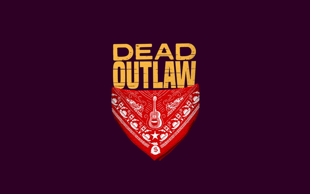 Dead Outlaw text above red bandana with guitar and dollar sign design