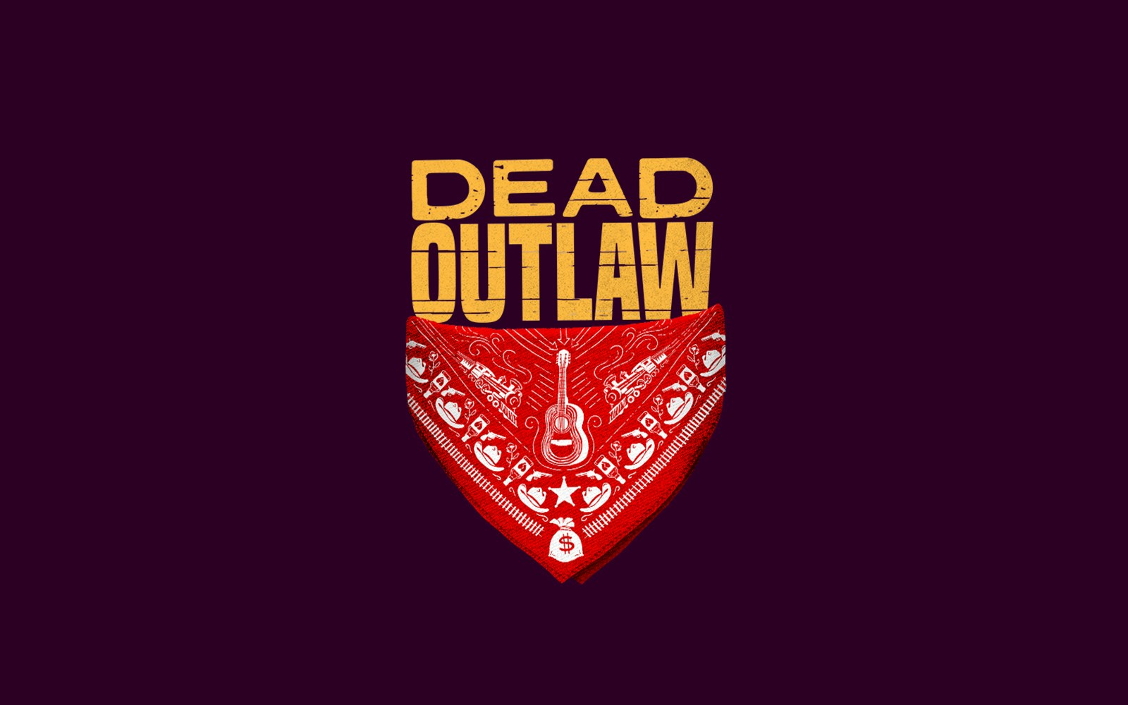 Dead Outlaw text above red bandana with guitar and dollar sign design
