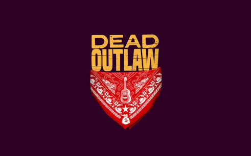 Dead Outlaw text above red bandana with guitar and dollar sign design