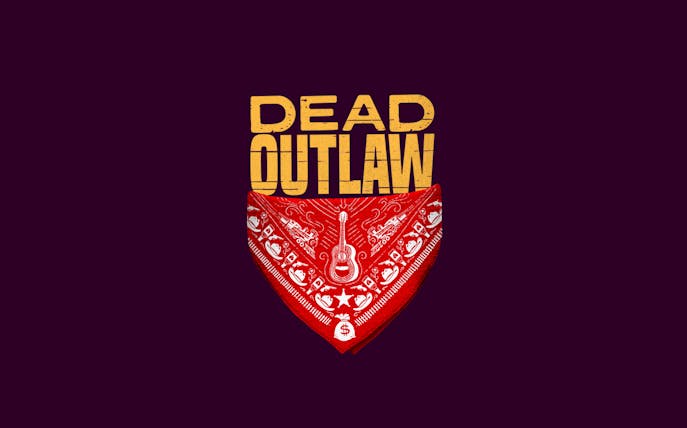 Dead Outlaw text above red bandana with guitar and dollar sign design