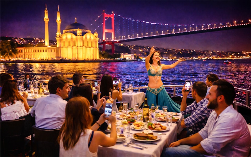 Dinner cruise on the Bosphorus with belly dancer, Istanbul skyline and bridge in background.