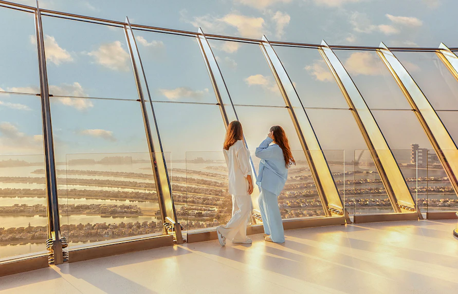 Viewing platform overlooking Palm Jumeirah from The View At The Palm, Dubai.