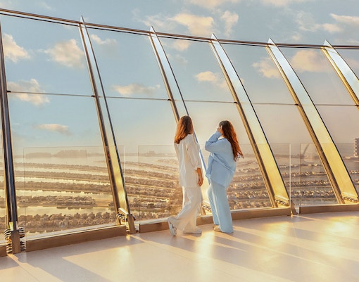 Viewing platform overlooking Palm Jumeirah from The View At The Palm, Dubai.
