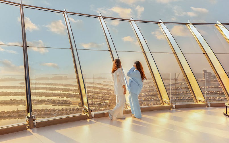 Viewing platform overlooking Palm Jumeirah from The View At The Palm, Dubai.