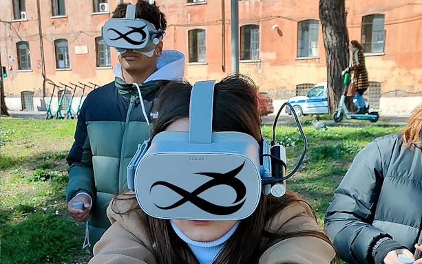 Visitors using VR headsets for a game experience at Circus Maximus, Rome.