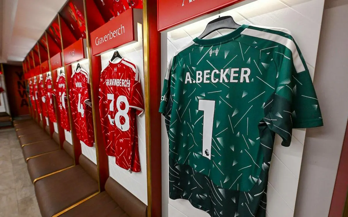 Liverpool FC locker room with player jerseys at Anfield stadium tour.