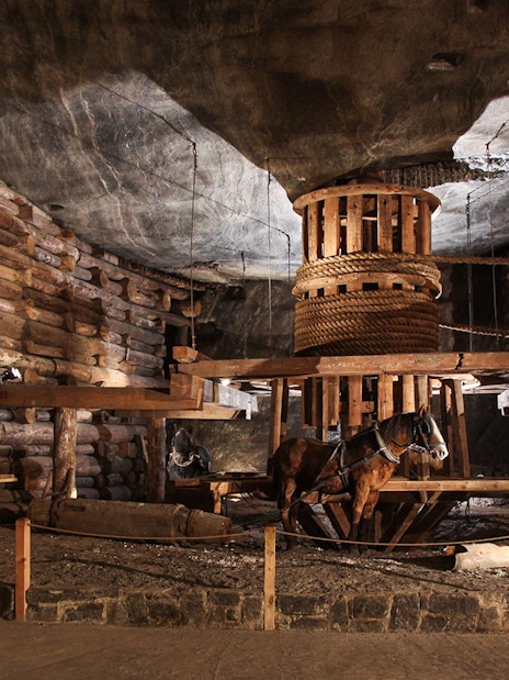 Wieliczka Salt Mine's Casimir the Great Chamber with wooden structures and horse figures.