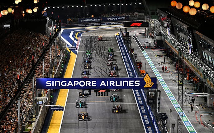 Starting grid at night for Formula 1 Singapore Grand Prix 2025, Marina Bay Street Circuit.