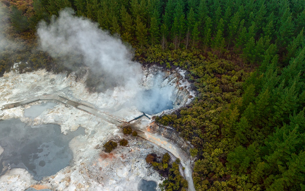 Aerial view of Hells Gate Geothermal Walk with steaming vents and surrounding forest.