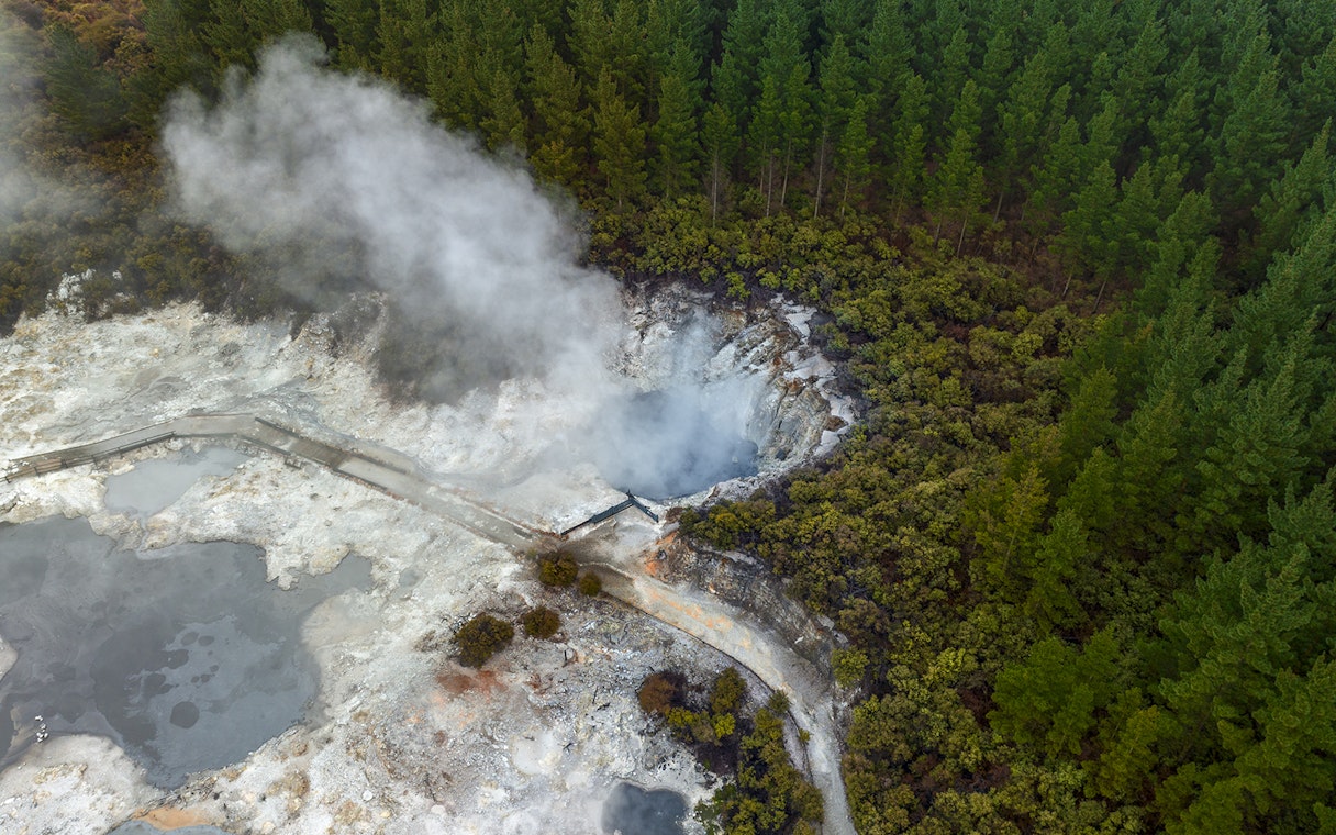 Aerial view of Hells Gate Geothermal Walk with steaming vents and surrounding forest.