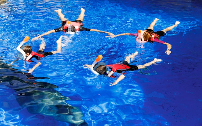 Kids snorkeling in a pool at Selwo Marina, Spain.