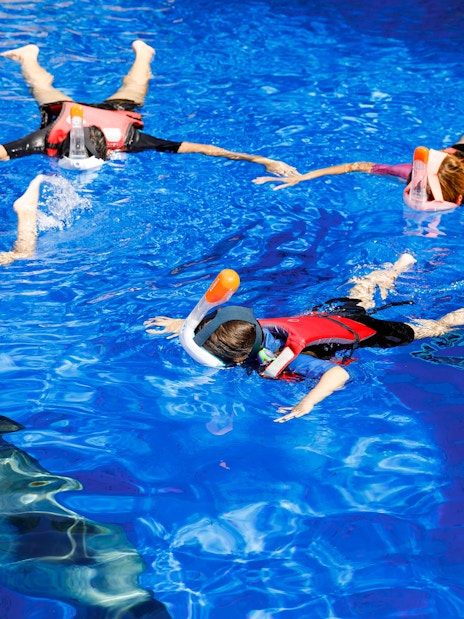 Kids snorkeling in a pool at Selwo Marina, Spain.