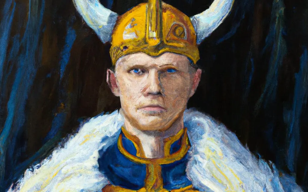 Viking warrior in traditional helmet and fur cloak, Stockholm exploration game.