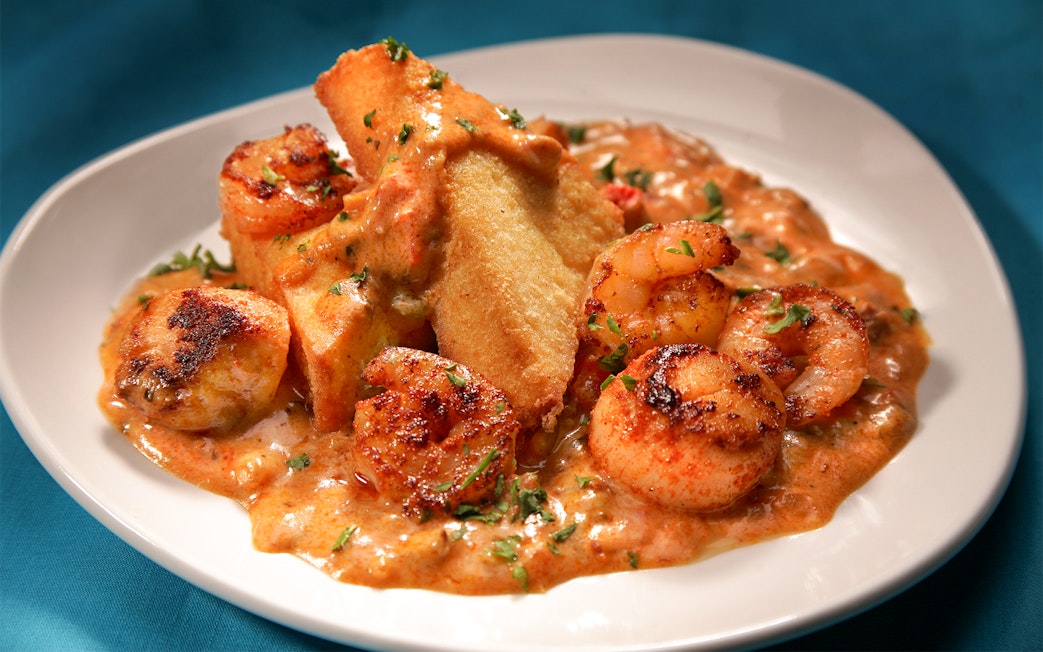 Shrimp and Grits dish on Steamboat Natchez Lunch Cruise, New Orleans.