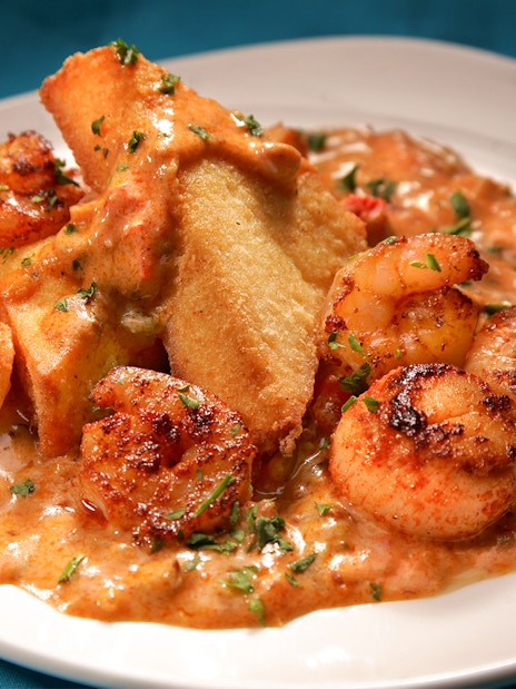 Shrimp and Grits dish on Steamboat Natchez Lunch Cruise, New Orleans.