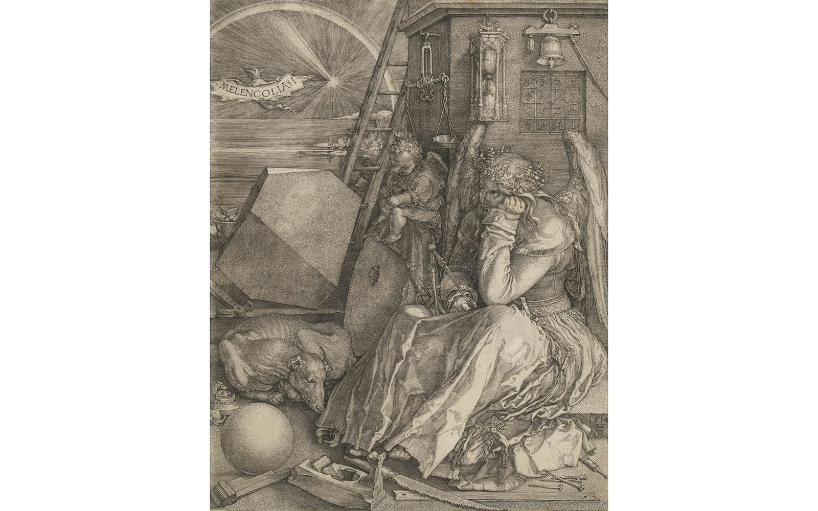 Angel with tools and geometric shapes in "Melencolia I" at National Gallery of Victoria.