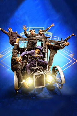 Cast of Bugsy Malone musical on vintage car against blue background