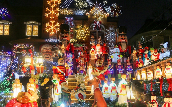 Christmas decorations and lights on a house during New York Christmas Lights Bus Tour.