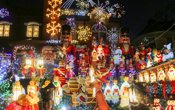 Christmas decorations and lights on a house during New York Christmas Lights Bus Tour.