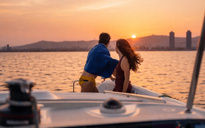 Couple enjoying sunset on a sailing yacht during Barcelona sightseeing cruise.