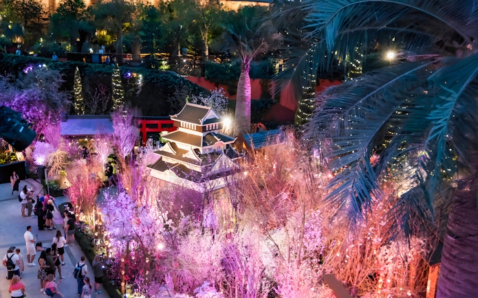 Gardens by the Bay cherry blossom display with illuminated pagoda and visitors.