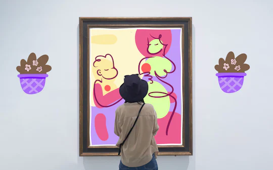 Visitor admiring abstract art in a gallery, ideal for art and culture enthusiasts.