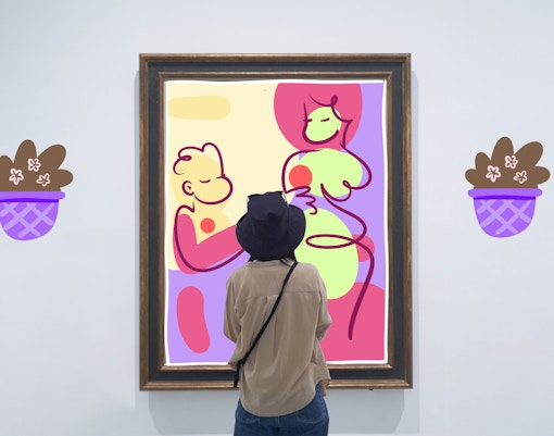 Visitor admiring abstract art in a gallery, ideal for art and culture enthusiasts.