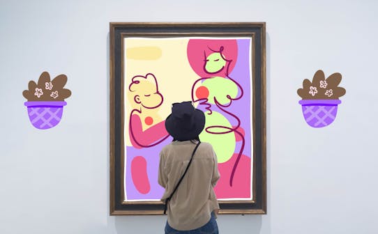Visitor admiring abstract art in a gallery, ideal for art and culture enthusiasts.
