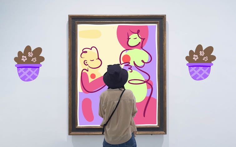 Visitor admiring abstract art in a gallery, ideal for art and culture enthusiasts.