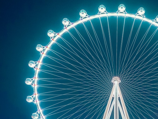 High Roller Ferris Wheel illuminated at night in Las Vegas.