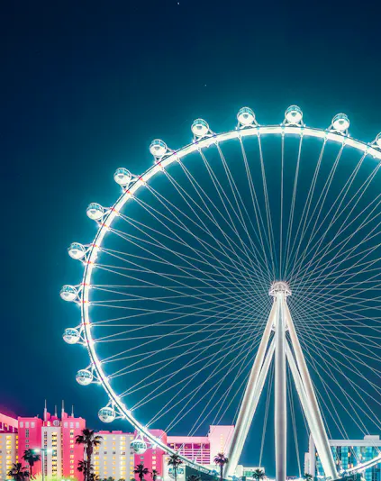 High Roller Ferris Wheel illuminated at night in Las Vegas.
