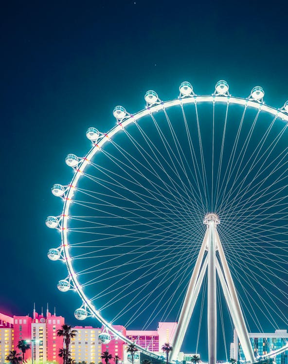 High Roller Ferris Wheel illuminated at night in Las Vegas.