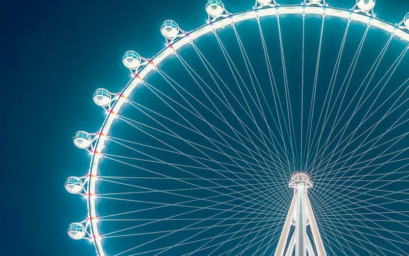 High Roller Ferris Wheel illuminated at night in Las Vegas.